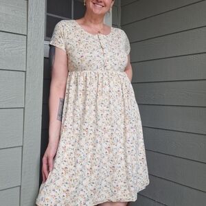 Vintage 90s FADS Cotton Floral Babydoll Dress Size Large Cream Multi